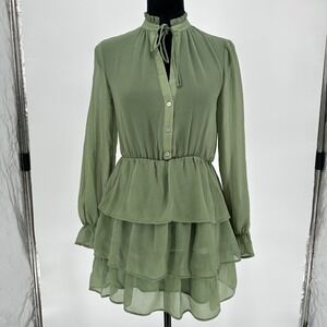 Zara Green Sheer Ruffle Long Sleeve Mini Short Dress V-Neck Women's‎ XS
